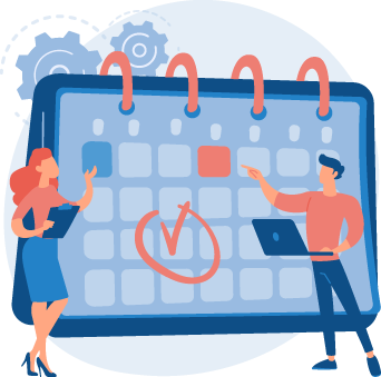 employees looking at a calendar